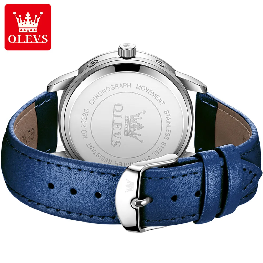 OLEVS Brand New biznesowe męskie zegarki moda niebieska skóra wodoodporna data luksusowy chronograf z fazami księżyca zegarek kwarcowy dla mężczyzn