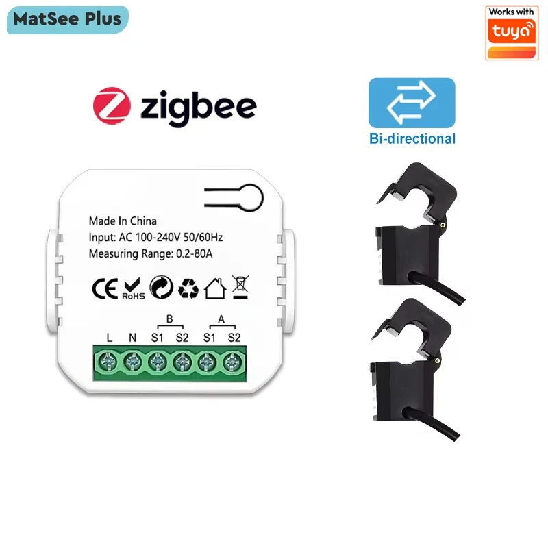 스마트 지그비 에너지 미터 양방향 1, 2채널 전류 변압기 클램프 앱 모니터 전력 80A 110V/240V 50/60Hz