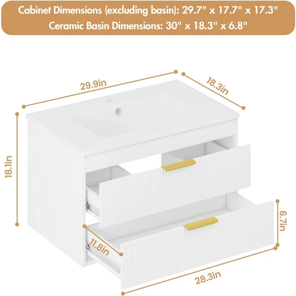 30" Bathroom Vanity Cabinet with Ceramic Sink, Wall-Mounted Floating Vanity, 2 Large Storage Drawers, with Sensor LED Light 2