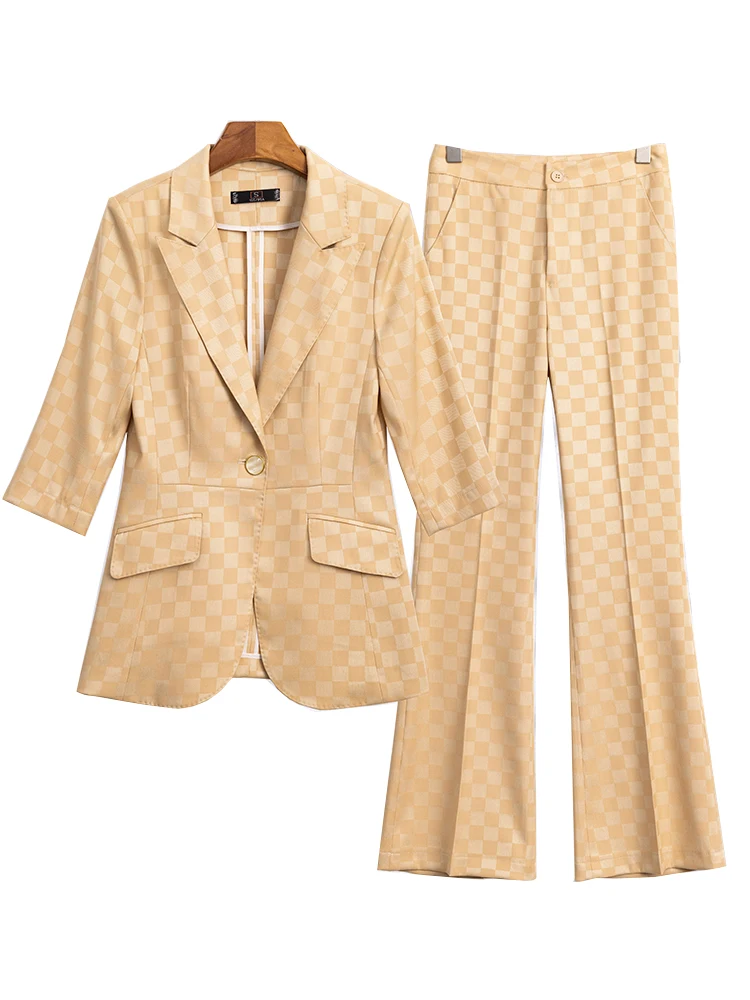 Spring Summer Blazer And Pant Suit Women Black Blue Apricot Plaid Female Business Work Wear Formal 2 Piece Set For Office Ladies