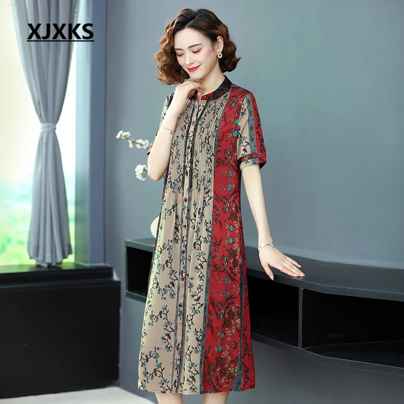 

XJXKS 2022 Summer Latest Chinese Style Stand Collar Short Sleeve Long Vestidos Loose Large Size Fashion Print Women's Dress