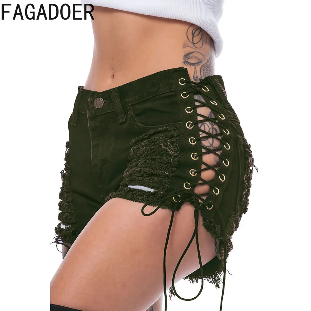 FAGADOER Summer New Hollow Side Bandage Denim Shorts Women High Waisted Button Pocket Slim Jean Fashion Female Cowboy Bottoms