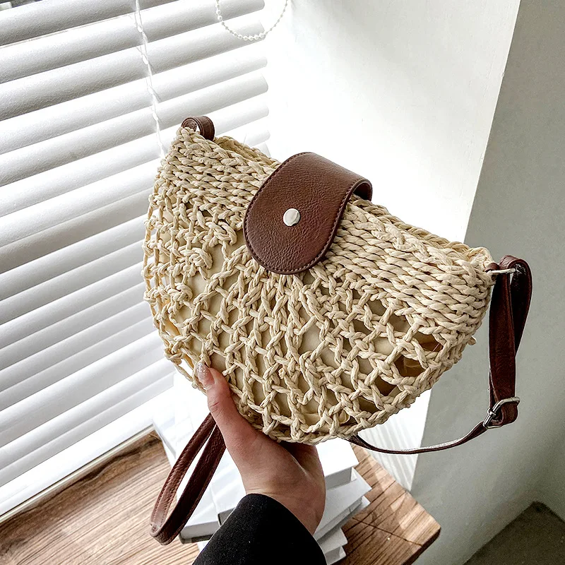 Fashion Straw Shoulder Messenger Bags Women's Hollow Designer Luxury Woven Bucket Bag Summer Beach Crossbody Bag Female Handbag
