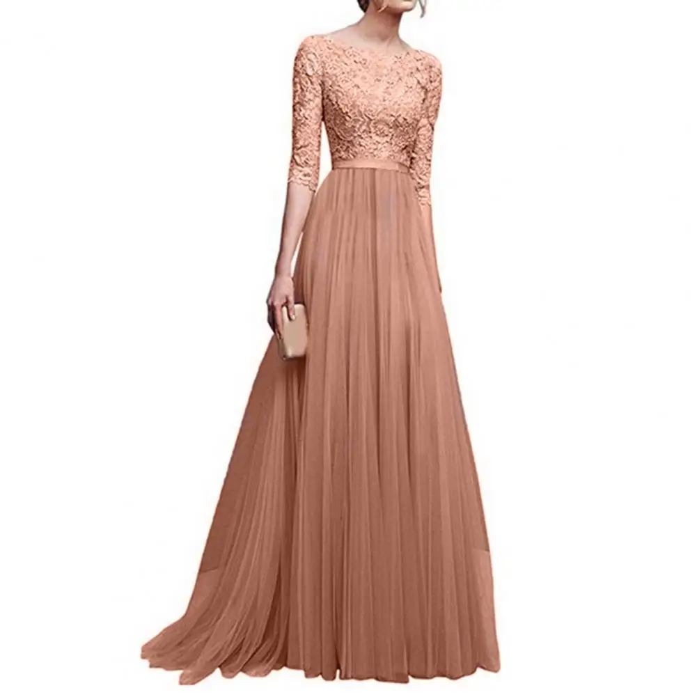 

Winter Evening Gown Elegant Lace Embroidered Maxi Evening Dress with Half Sleeves Pleated Floor Length Skirt for Women's Prom