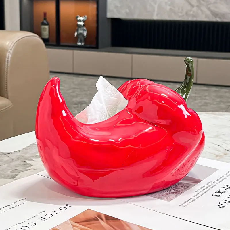 Creative Ceramic Cute Green Red Chili Peppers Shaped Tissue Box Light Luxury Napkin Box Home Living Room Bedroom Decoration, 1Pc