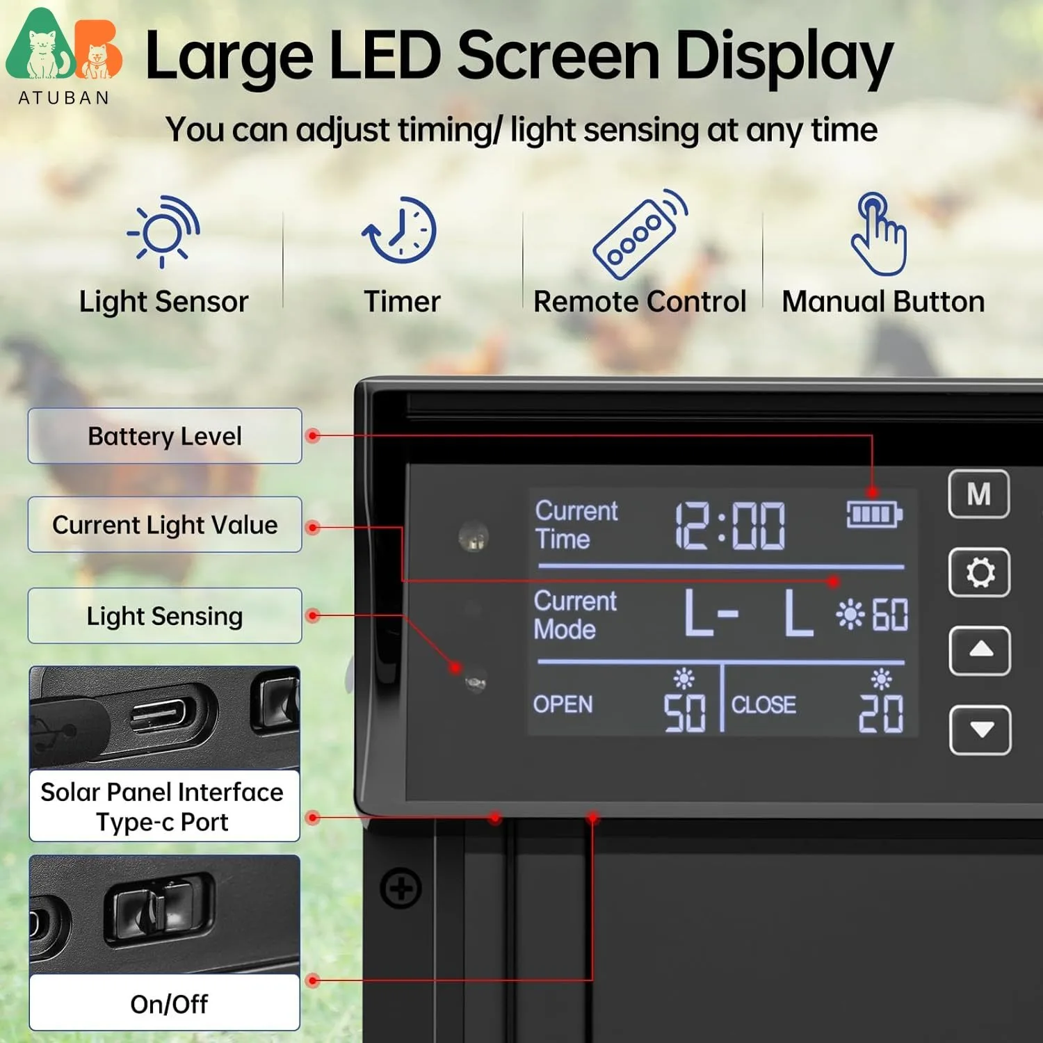 ATUBAN Solar Chicken Coop Door,Automatic Duck Door,Auto Poultry Door 4 Modes with Timer&Light Sensor,Anti-pinch&Alert,Waterproof