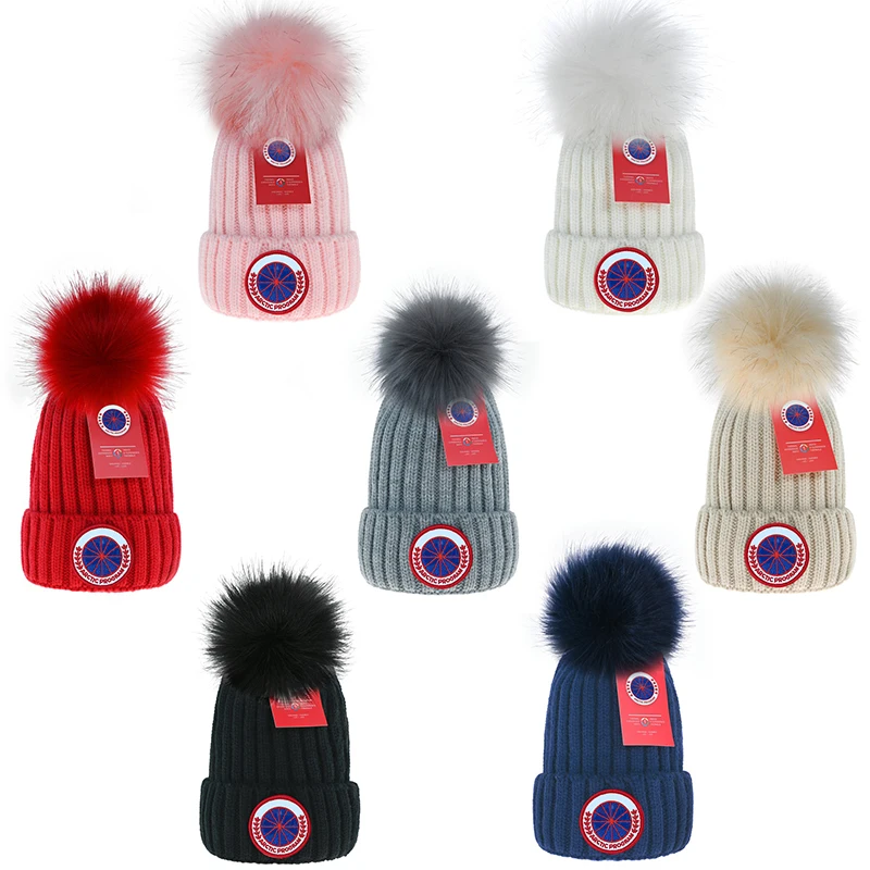 

Canada New Brand Women Wild Female Fur Pom Poms Hats Beanie High Quality Winter Warm Bonnet Outdoor Windproof Knit Cap