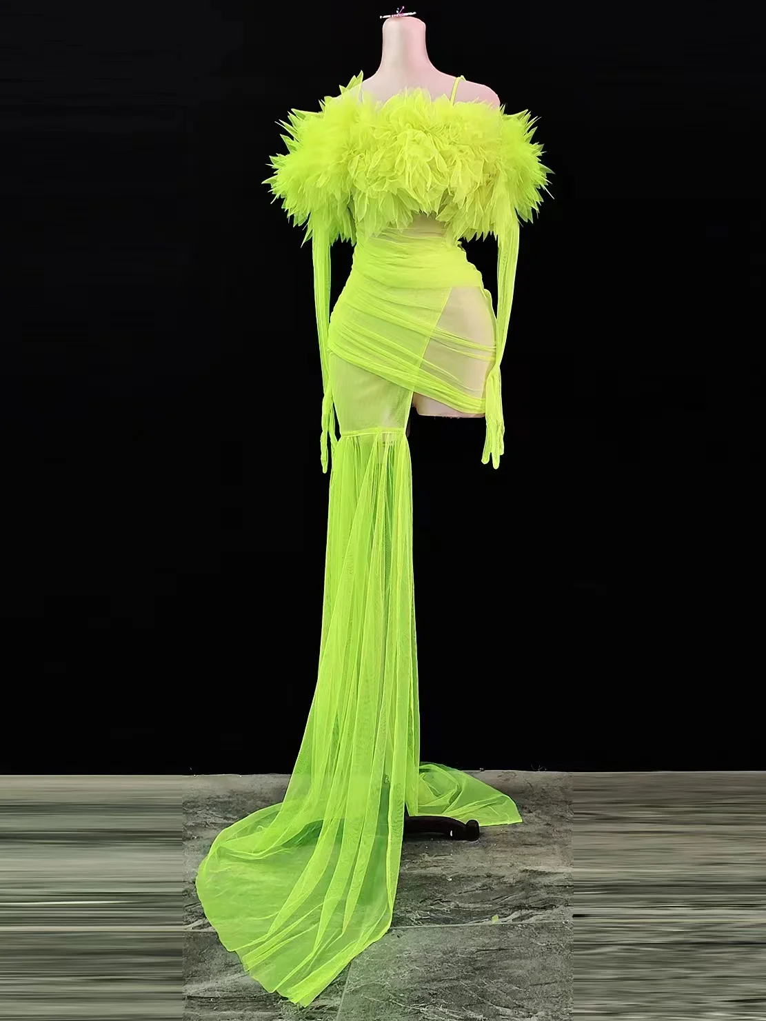 Fluorescent Green Off Shoulder Transparent Trailing Dress Women Singer Concert Catwalk Party Dress Nightclub Show Stage Costume
