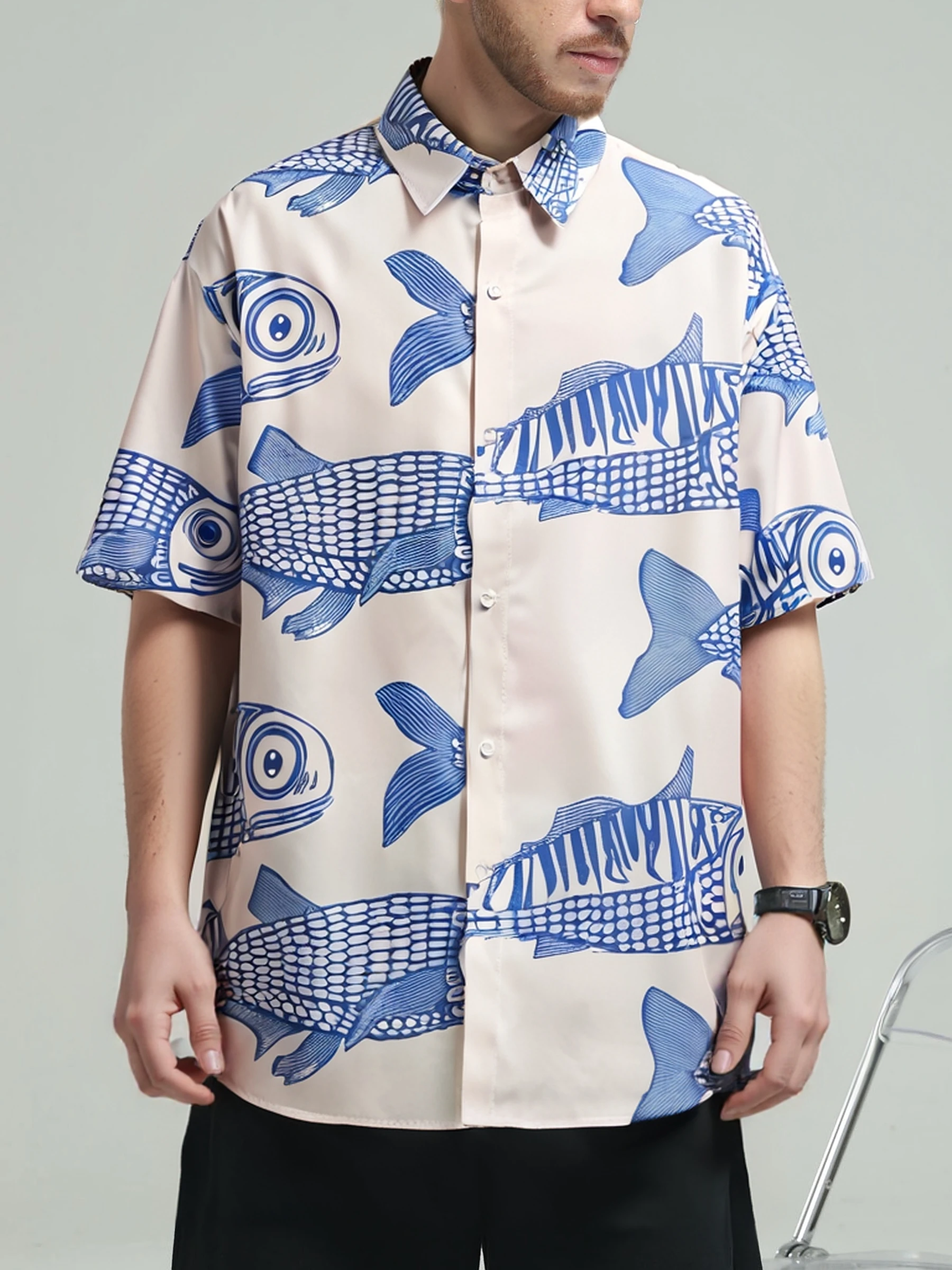 Casual Short Sleeved Shirt Short Sleeved Shirt Button Down Shirt Oversized Loose Men Shirt American Style Summer Fish Print