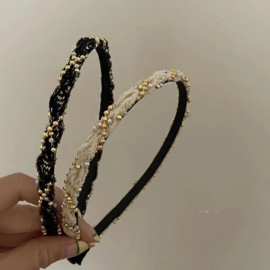 Damen-Haarbänder, koreanische kleine, vielseitige, luxuriöse Haaraccessoires, sanfte, süße Schleife, Perlen, Retro-Kopfbedeckung, Haarreifen, hochwertig – Detail 1