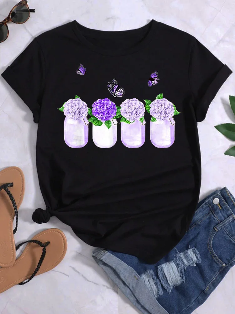 

Hydrangea Butterfly Women's Casual Fashion Tops O Neck Women's Tops Women's Short Sleeve T-Shirts