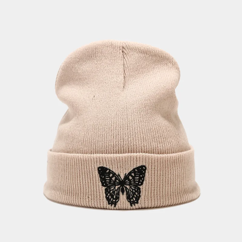 2022 Men and Women Couple Knitted Hat Butterfly Embroidery Woolen Hat Outdoor Wild Warm Pullover Cap Elastic Adjustable