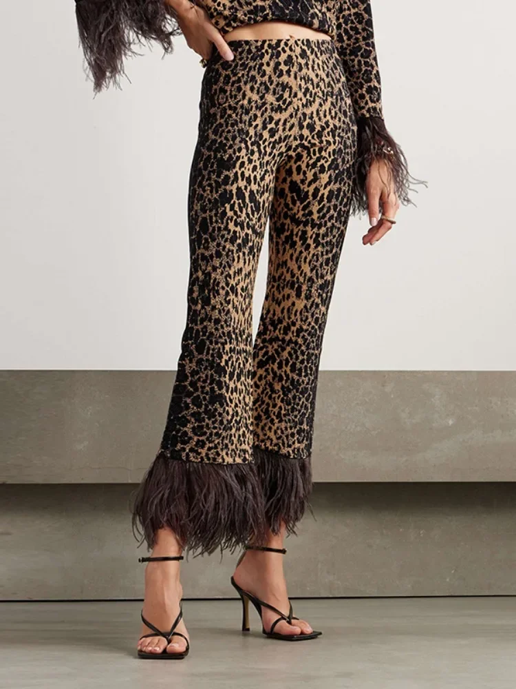 Onecozyday 2024 Women's Fashion Leopard Printed Round Neck Long Sleeves Shirt Top High Wasit Pants Feathers High Street Outfits 3