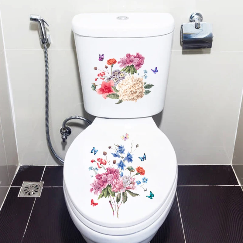 M484 Color Butterfly Peony Flower Toilet Sticker Bathroom Toilet Cover Wall Stickers Wc For Home Decoration