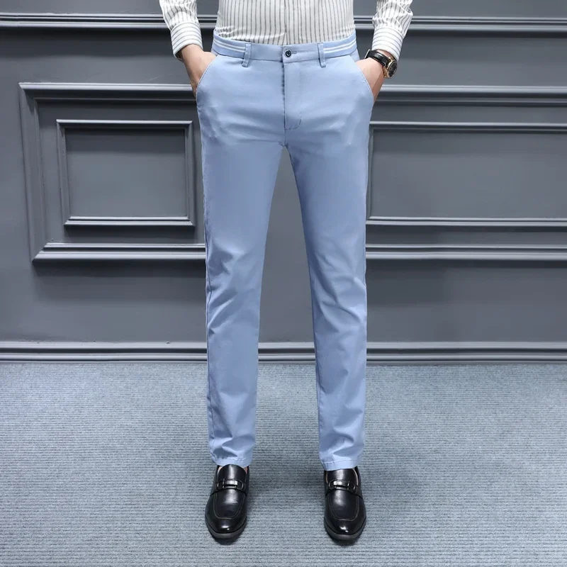 Autumn Men Soft Cotton Lyocell Fabric Casual Business Pants Slim Fit Formal Work Trousers