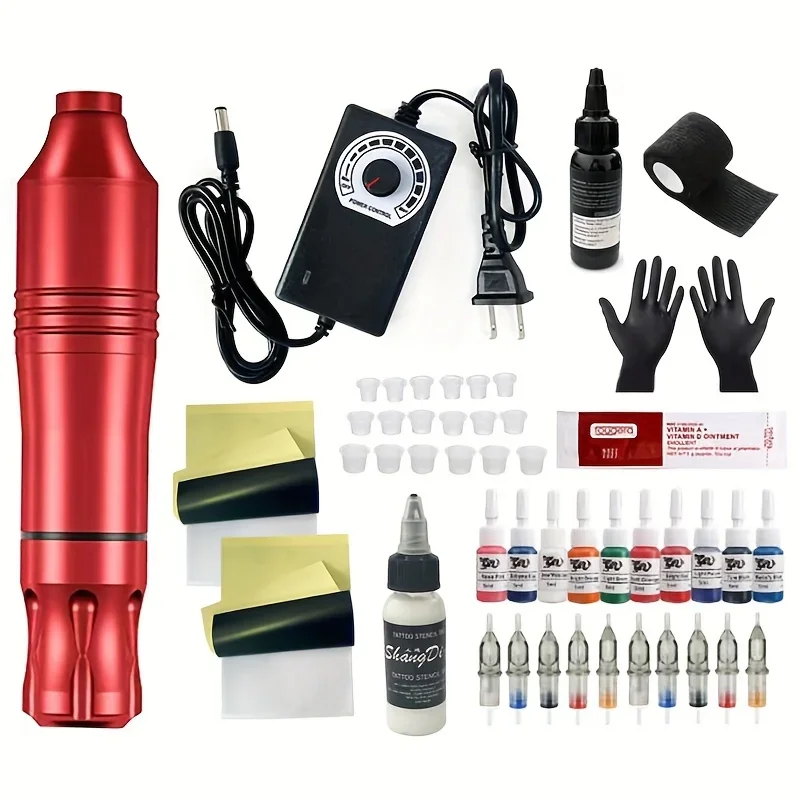 thumbnail image 1 of Kit de tatuaje, juego completo, máquina de tatuaje rotativa inalámbrica, kit de pluma, interfaz CC con agujas de cartucho, juego de tatuaje de maquillaje permanente, 1 of 4