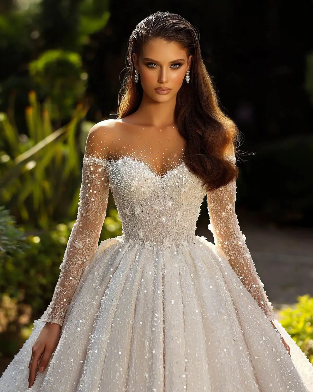 Exquisite Wedding Dress Ball Gown Strapless Appliques Sequins Pearls Long Sleeve Floor-Length Bride Vestido De Noiva Custom Made 2