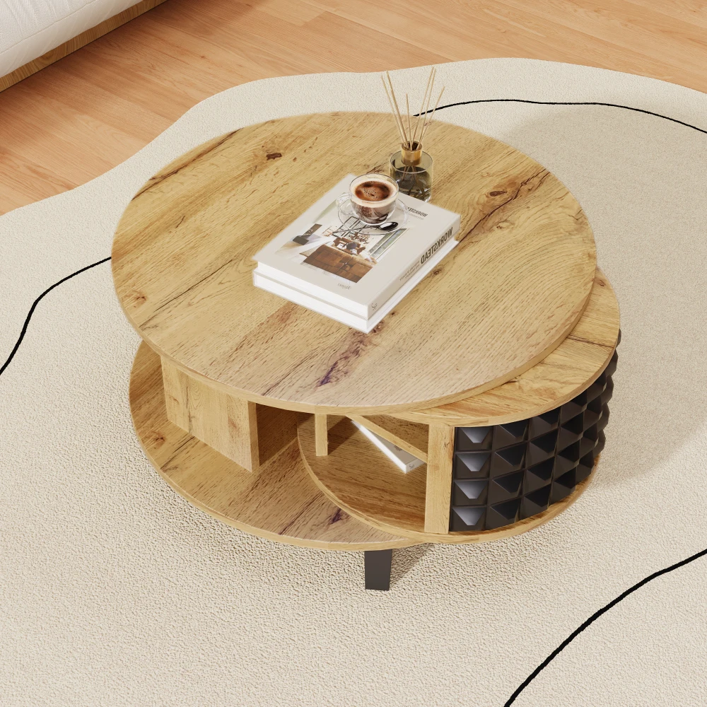 Moderner Wohnzimmer-Couchtisch mit drehbarem Ablagefach und verstecktem Innenregal, Beistelltisch, zweistufigem Tischplatte-Design – Detail 7
