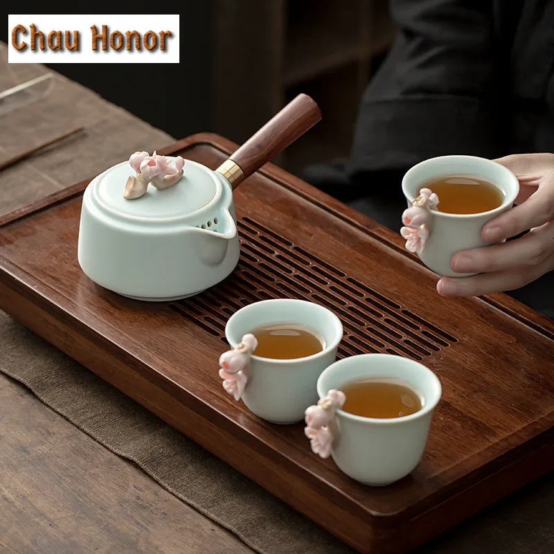 210ml Handmade Knead Pink Plum Blossom Ceramic Teapot Boutique Azure Ru Kiln Celadon Tea Maker Pot With Filter Kung Fu Teaware