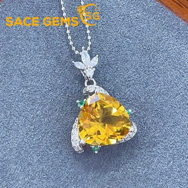 

SACE GEMS Luxury 925 Sterling Silver Certified 12MM Natual Citrine Pendant Necklace for Women Cocktail Party Fine Jewelry Gift