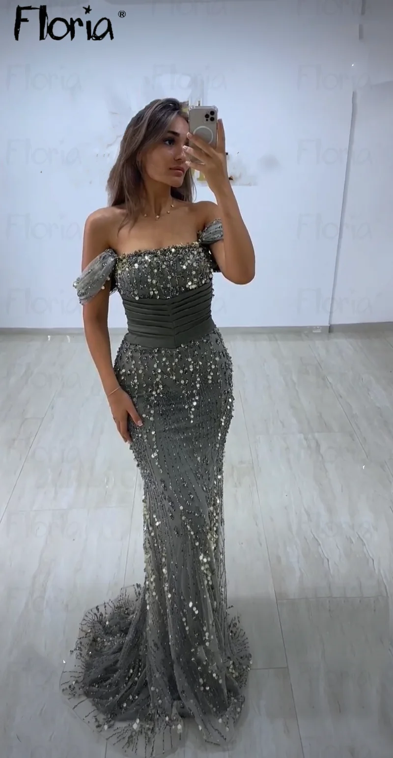 

Floria Silver Women Party Dress Arabic Prom Dresses 2024 Eleagnt Formal Occasion Dresses Robe Soirée Female Beaded Off Shoulder