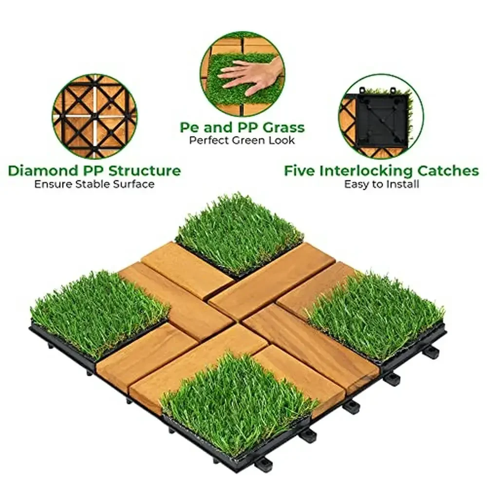 12''x12''0.94" Artificial Grass Tiles Acacia Wood Deck Home Patio Kitchen Outdoor Garden Decor Set 9 Tiles Natural Feel Soft