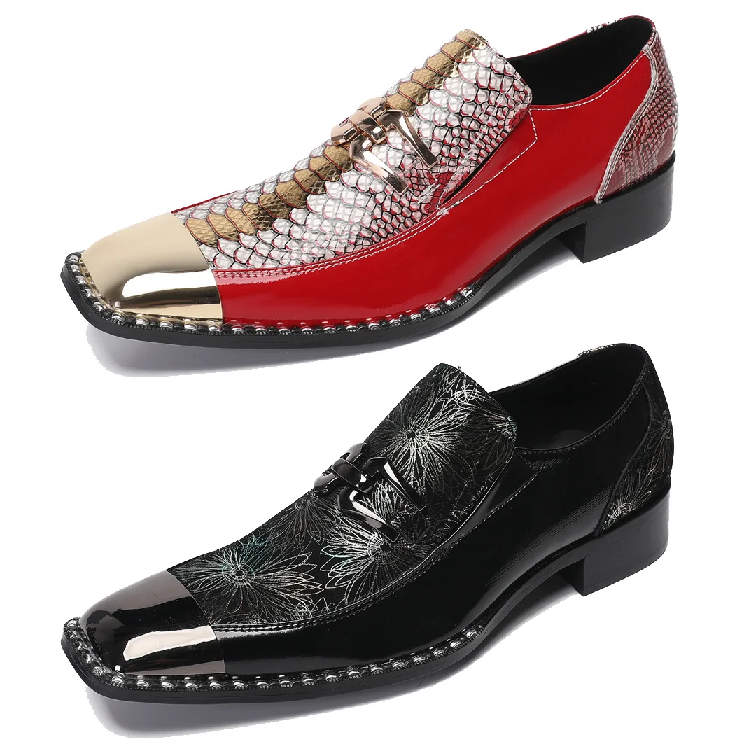Men's Le Fu shoes snake skin men's real leather shoes printed square head metal buckle wedding business dress