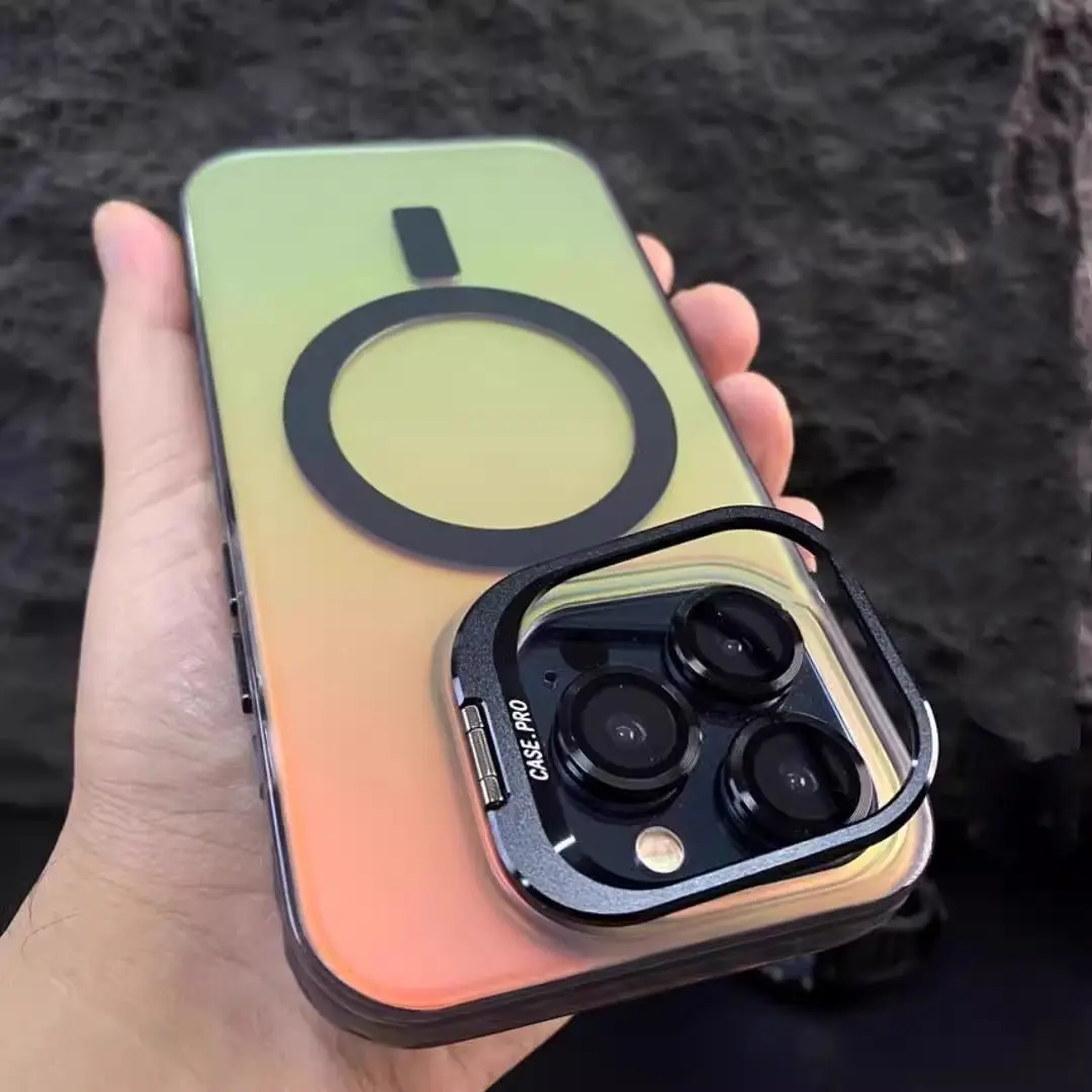 

Новый модный защитный чехол-подставка для iPhone 15 promax Магнитный чехол для телефона iPhone 14p градиентная Лазерная линза матовая пленка 13p прозрачная