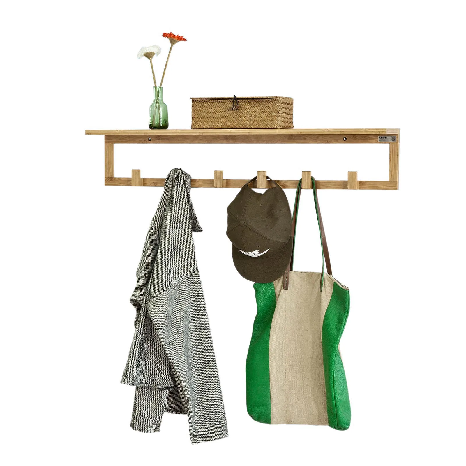 SoBuy® FHK06 N, Bamboo Wall Mounted Coat Rack, Bathroom Wall Towel Rack