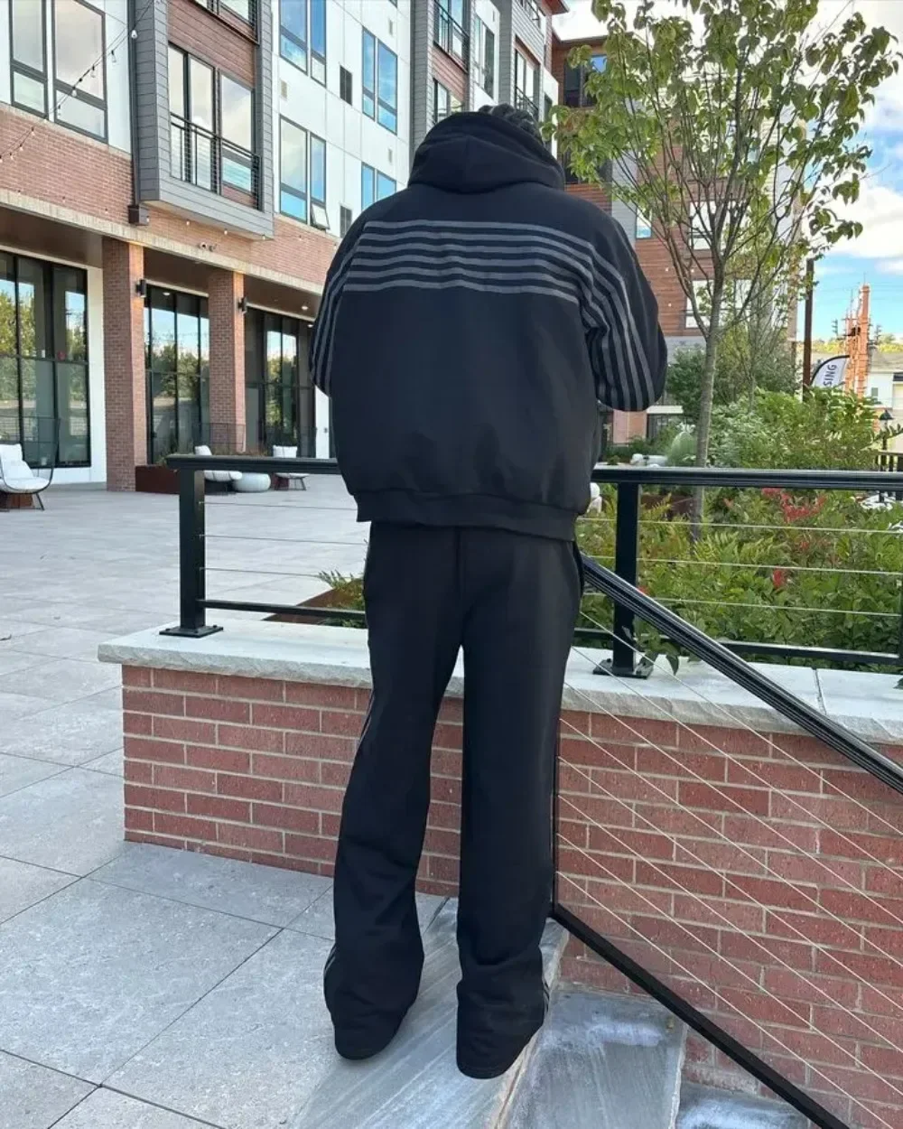 Y2K Zip Hooded Sweatpants Set Men Two Piece Hip Hop Embroidered Vintage Stripe Oversized Hooded Sweatshirt Casual Pants Set 4