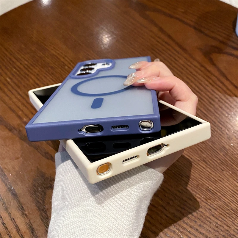 Magsafe Magnetic Wireless Charge Phone Case For Samsung Galaxy S24 S23 S22 S21 Ultra Plus Matte Shockproof Clear Hard Back Cover