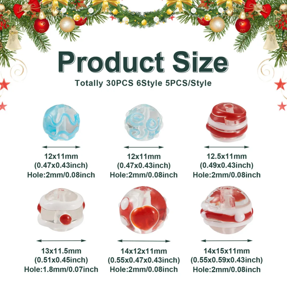 30Pcs Christmas Theme Red Lampwork Beads Round Bumpy Handmade Lampwork Glass Beads for Jewelry DIY Bracelet Earrings Findings