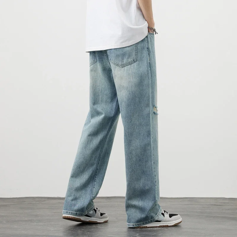 Korea Baggy Jeans Men's Vintage Straight Ripped Y2k Pants Fashion Frayed High Street Distressed Denim Trousers Male Clothes ripped jeans ripped patchwork jeans