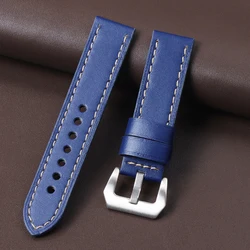 Vintage Matte Polished Genuine Leather Watch Strap - Blue Brown Bracelet - 22mm (Polish - Blue)