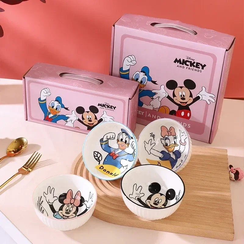

350ml Disney Anime Kawaii Mickey Mouse Minnie Mouse Cartoon Mini Ceramic Rice Bowl Cute Gift Box With Household Kitchen Utensils