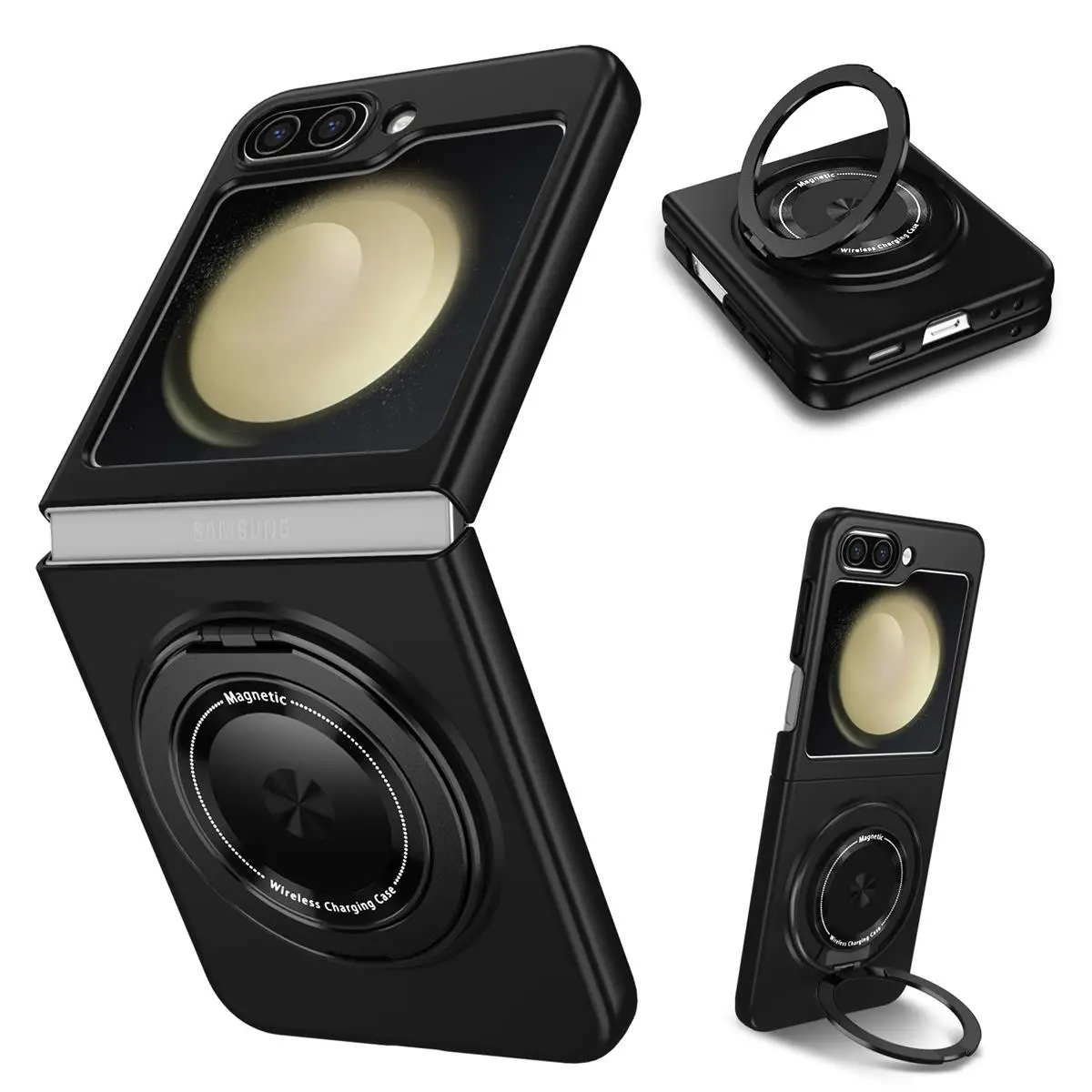

For Samsung Galaxy Z Flip 5 4 3 Case Colorful Skin Friendly Matte Magnetic Rotating Ring Holder Wireless Charging Case Accessory
