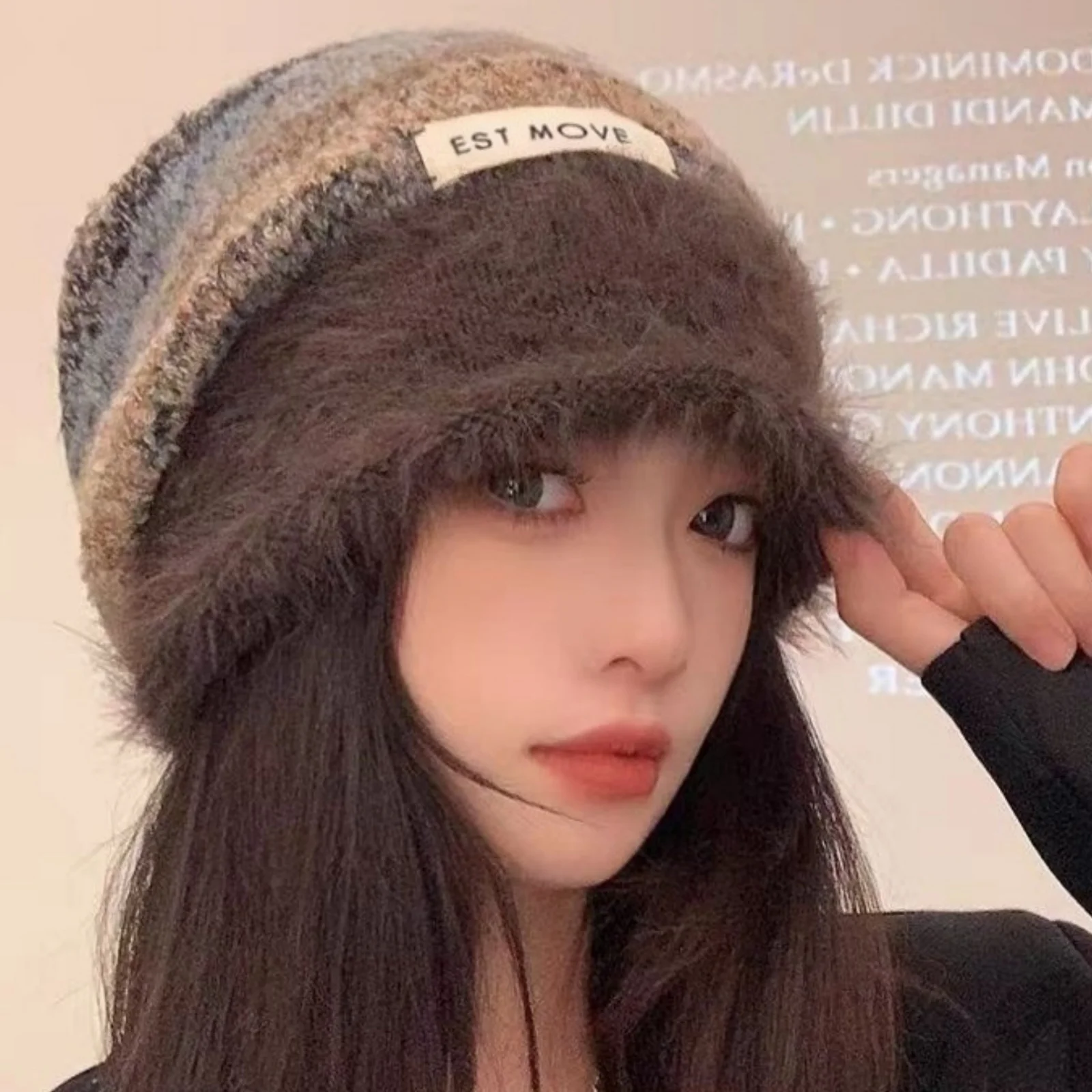 1PC Furry Knitted Beanie Hat, Warm Striped Winter Cap , Trendy Casual Headwear For Women, Cross - Border Fashion Accessory