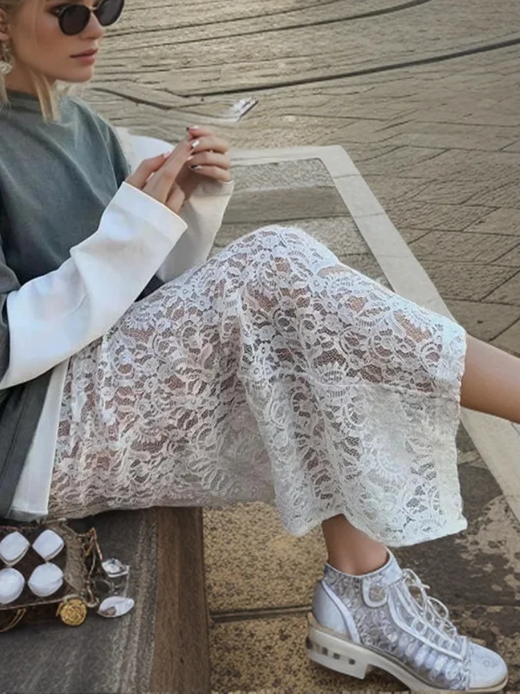 

Fashion White Lace Skirts for Women Clothing 2024 New Summer Korean Gentle Hollow Jacquard Long Skirts Female Sexy Split Skirts