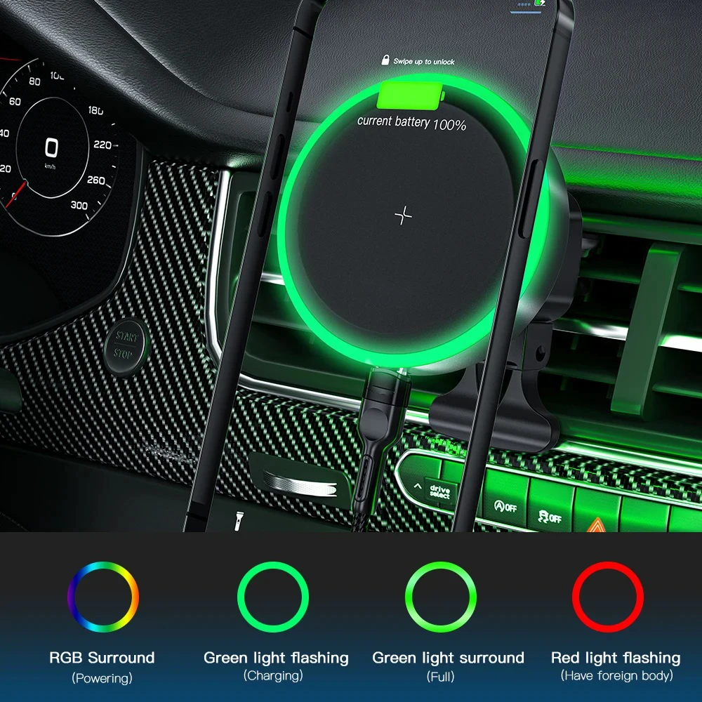 Fast Charging Magnetic Wireless Car Charger with RGB LED Light and Universal Air Vent Phone Holder