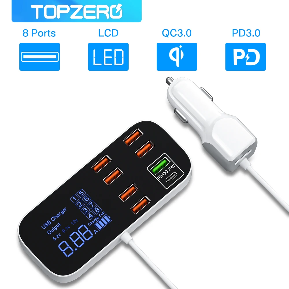 

Автомобильное зарядное устройство PD QC3.0 с 8 USB-портами, 40 Вт