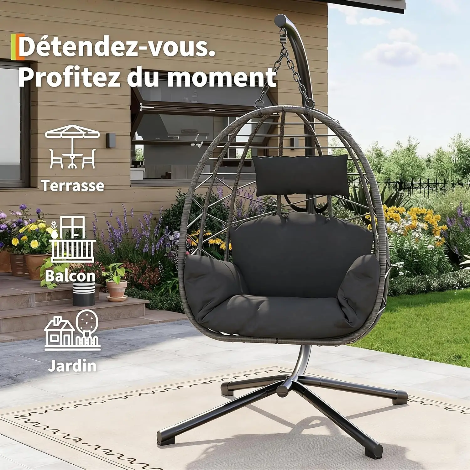 Hängesessel aus Korbgeflecht für Innenräume mit schwarzem Ständer und grauem Kissen, Outdoor-Schaukel-Hängesessel für Terrasse, Schlafzimmer, Garten – Detail 6
