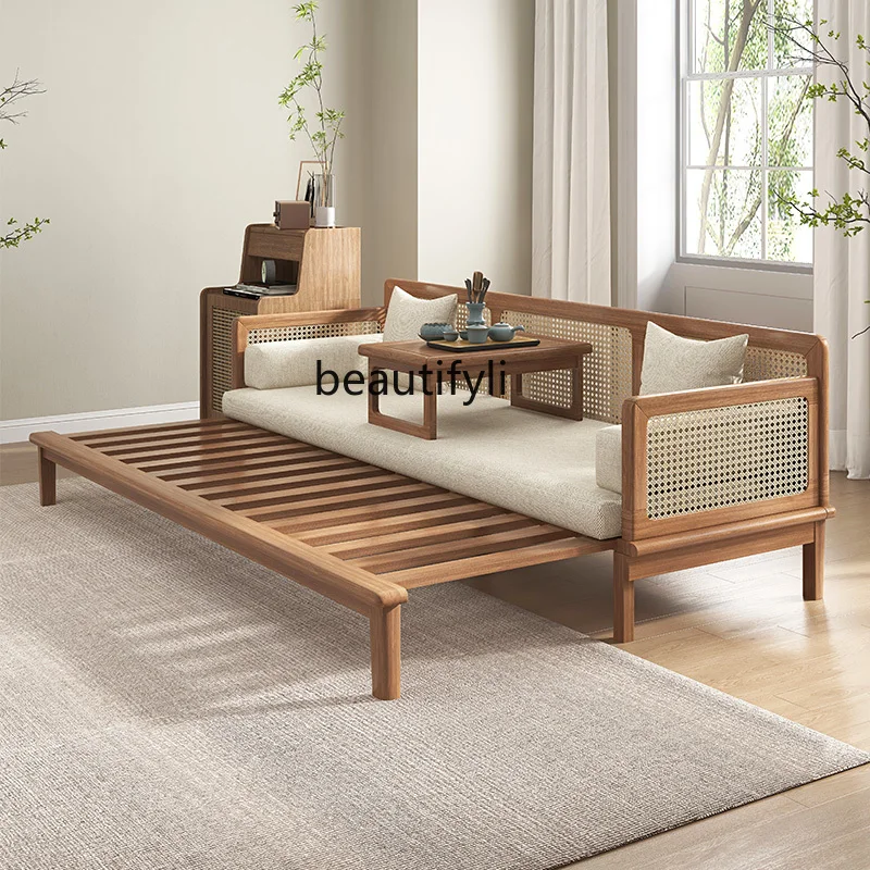 

Rattan Sofa Living Room Solid Wood Arhat Bed Combination New Chinese Style White Wax Drawing Retractable Bed