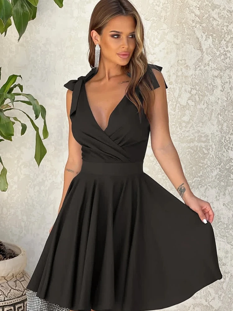 New Women's Summer Bow Strap Solid Color Waist A-line Dress Fashion Women's Clothing