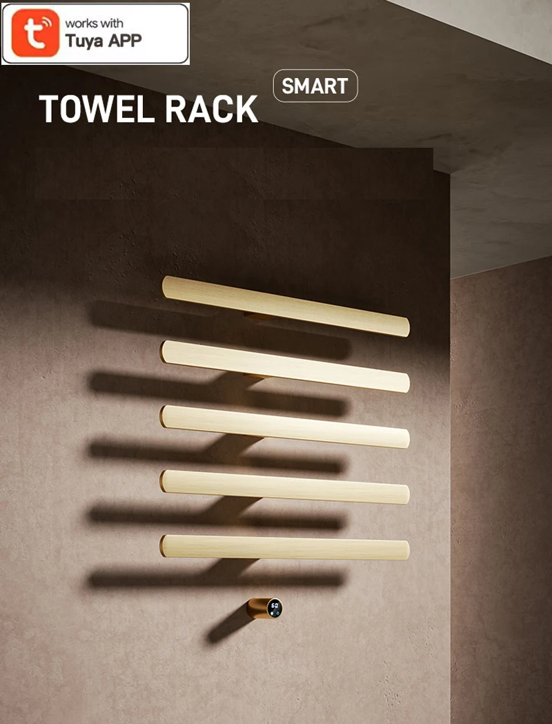 Brushed Goldอุ่นผ้าเช็ดตัวอัจฉริยะไฟฟ้า 3/4/5 บาร์การออกแบบทํางานร่วมกับTuya Appสําหรับห้องน้ํา 2025 คอลเลกชันใหม่ 1