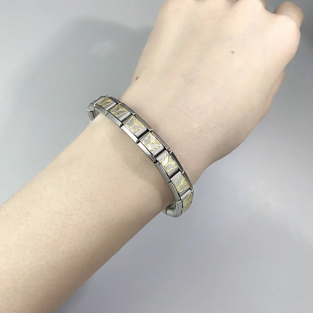 9mm Width Y2k Stainless Steel Heart Flower Butterfly Cross Dolphin Italian Charm Links Bracelet Jewelry DIY Making Wholesale