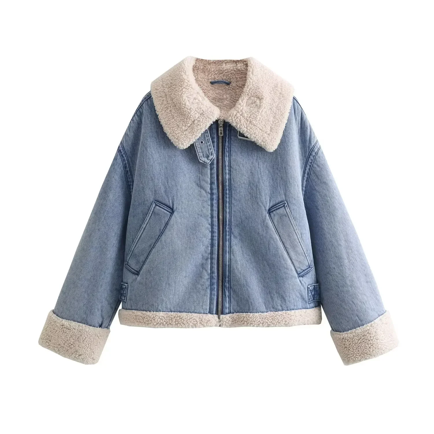 

Women New Fashion Washing effect Double sided Denim Jacket Coat Vintage Long Sleeve zipper Female Outerwear Chic Overshirt