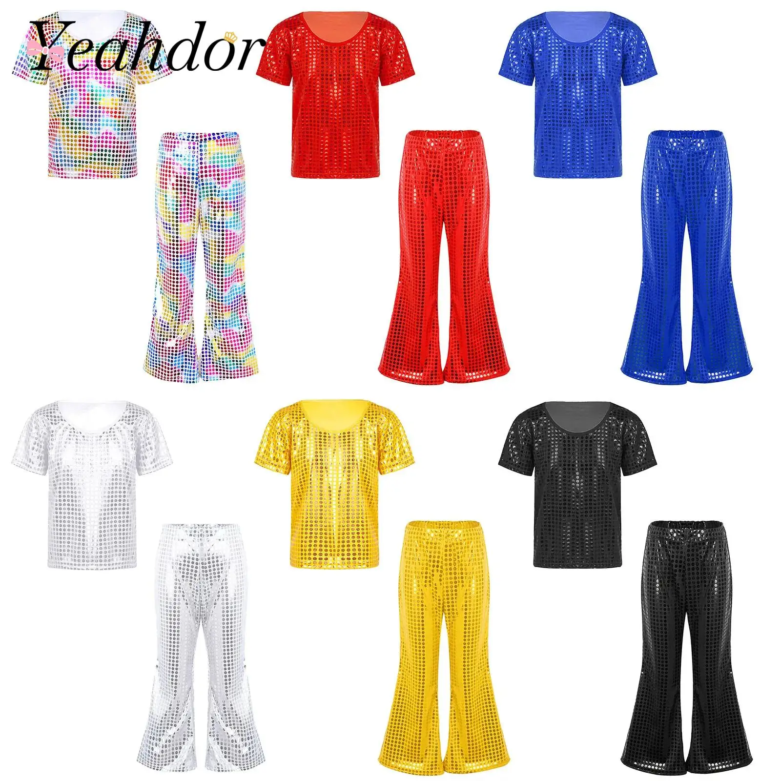 Bambini Ragazzi Ragazze Hip Hop Jazz Abiti da ballo di strada Costume da performance sul palco T-shirt con paillettes lucide Pantaloni svasati Set Abbigliamento da ballo