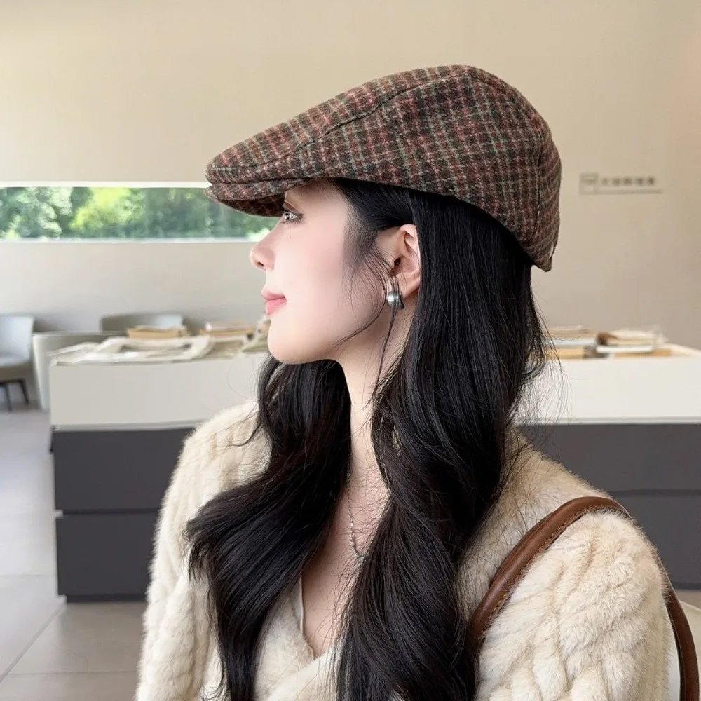 Elegant Vintage Berets Flat Top Plaid Pattern Casquette Japanese Style Golf Driving Cap Women's Wear