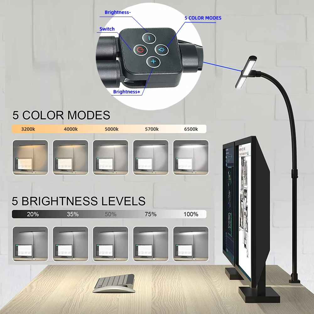 Double Head LED Clip Remote Control Desk Lamp Architect Table Lamp for Home Office Lighting 5 Color Modes and 5 Dimm