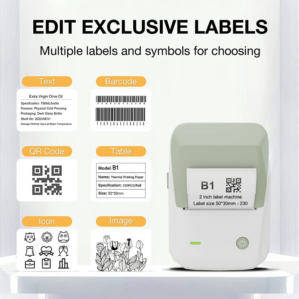 Niimbot B1 Inglês Label Printer, Portátil Handheld Impressora Térmica, Mini Código De Barras, Código QR, Papel Adesivo, Cor Rolls Maker Cable